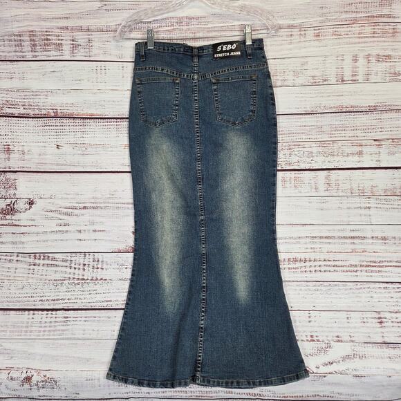 Y2K Mermaid Trumpet Flare Denim Maxi Skirt 5/6 Med Blue Stretch Jean Retro Fade - Picture 7 of 13